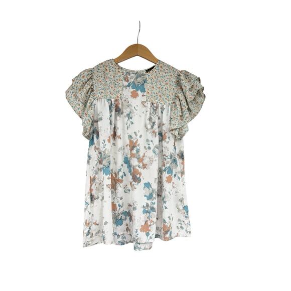 Buckle Black Ruffle Floral Short Sleeve Blouse Chiffon Womens Size Small - Picture 1 of 6